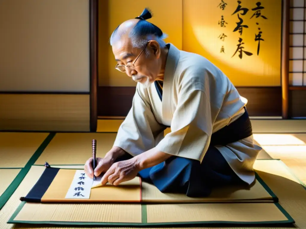 Maestro japonés en kimono crea caligrafía con pincel de bambú en tatami, evocando la esencia del haiku japonés