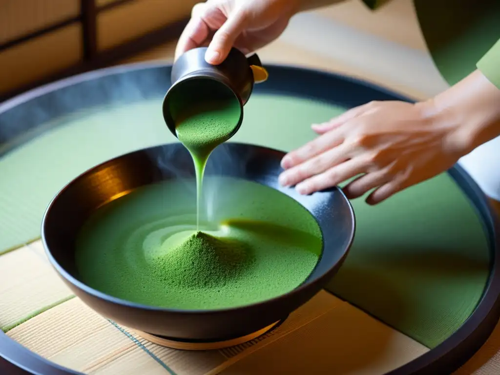 Un maestro de té japonés prepara ceremonialmente matcha, resaltando los beneficios del té matcha para la salud en una atmósfera serena y tradicional