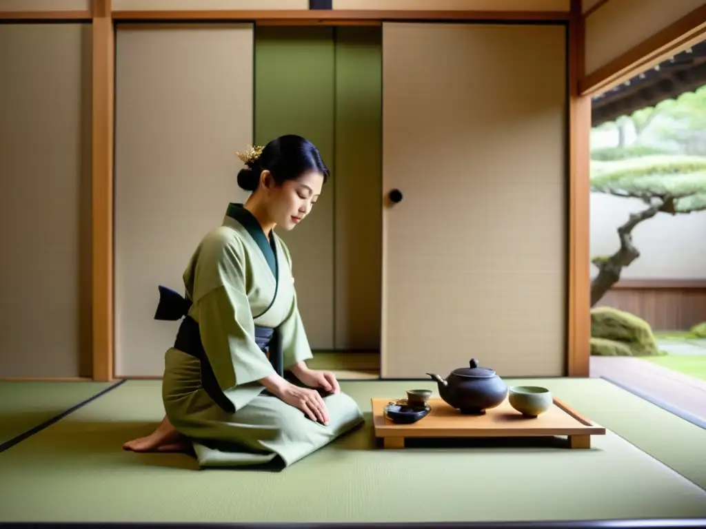 Maestro de té japonés preparando matcha en una ceremonia tradicional, en una atmósfera de serena elegancia y precisión