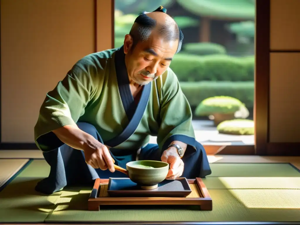 El maestro de té japonés vierte matcha en un cuenco, rodeado de detalles tradicionales