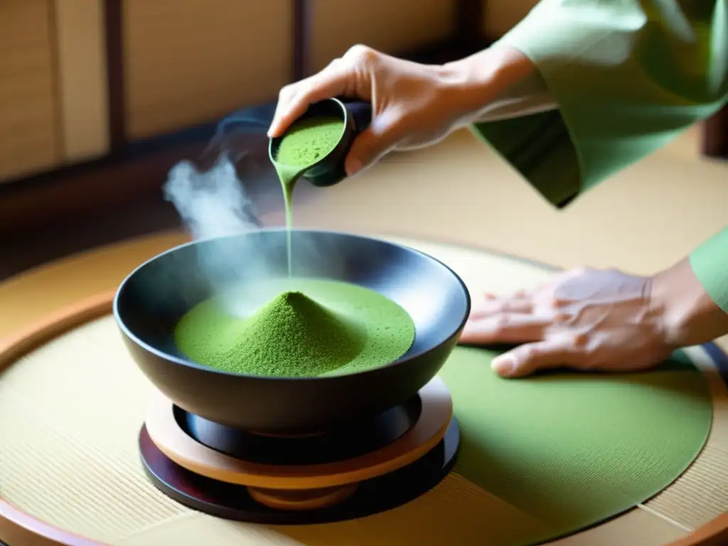 Un maestro de té japonés prepara matcha con cuidado en una ceremonia tradicional