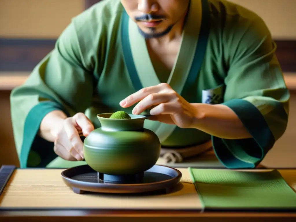 Un maestro del té japonés prepara matcha con elegancia, concentración y serenidad en una ceremonia tradicional