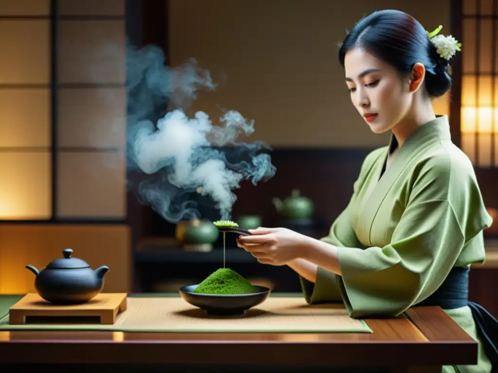 Un maestro de té japonés prepara matcha en un restaurante moderno y elegante, fusionando tradición y modernidad en la experiencia culinaria asiática