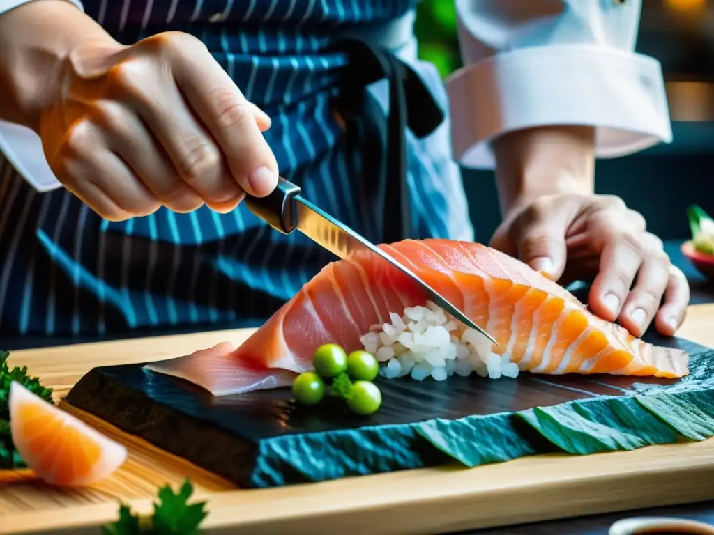 Un maestro japonés corta meticulosamente sashimi fresco en un elegante entorno tradicional, transmitiendo un profundo sentido de maestría