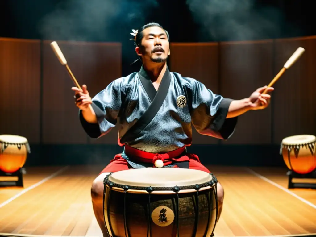 Un maestro taiko japonés interpreta una pieza tradicional con intensa concentración, rodeado de su conjunto en un escenario