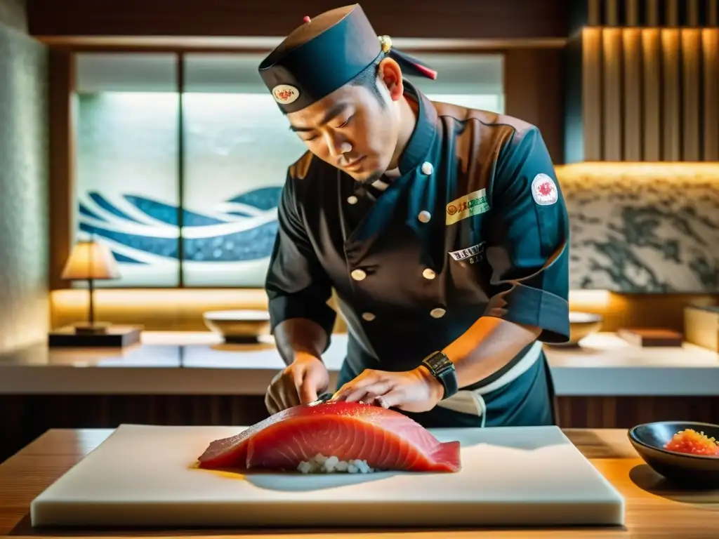 Un maestro japonés del sushi corta expertamente un fresco trozo de atún con un cuchillo de precisión, bajo la suave iluminación del restaurante, revelando el delicado veteado del pescado