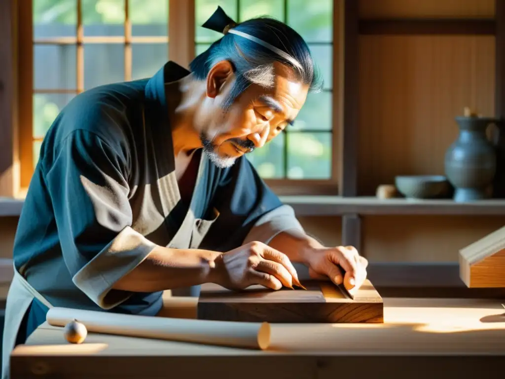 Un maestro carpintero japonés talla con destreza ancestral una unión para una estructura de madera, rodeado de una atmósfera serena y rústica