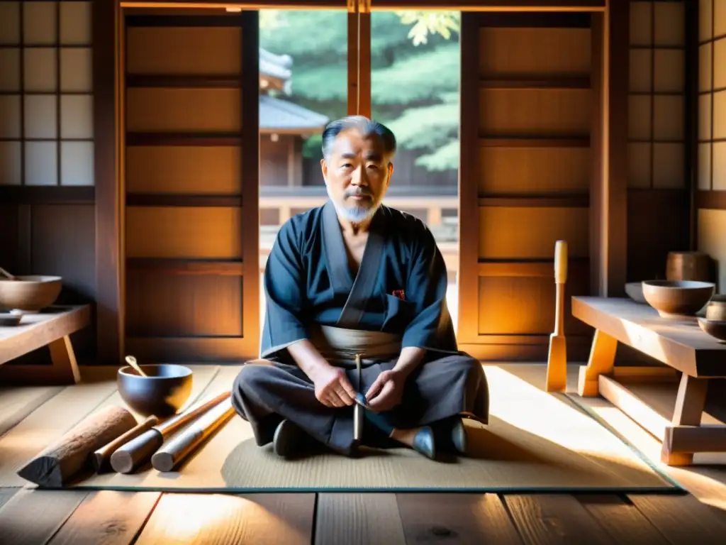 Un maestro carpintero japonés talla con destreza en un haz de madera oscura en su taller tradicional, rodeado de herramientas antiguas