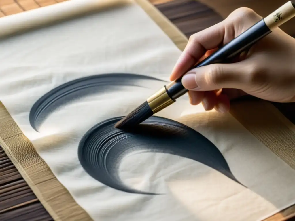 Un maestro calígrafo japonés aplica tinta sumi con un pincel sobre papel de arroz, capturando la elegancia de la escritura