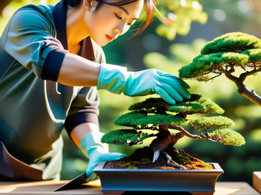 Un maestro jardinero japonés poda con precisión un bonsái en un sereno jardín japonés