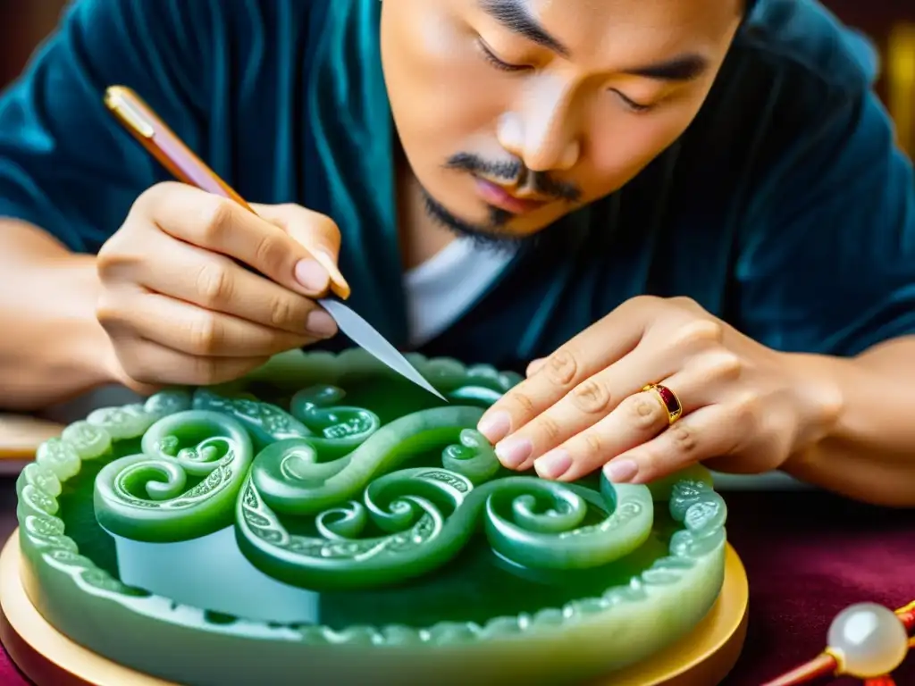 Un maestro joyero talla con precisión en jade de alta calidad, destacando la artesanía y la belleza natural de la alta joyería china