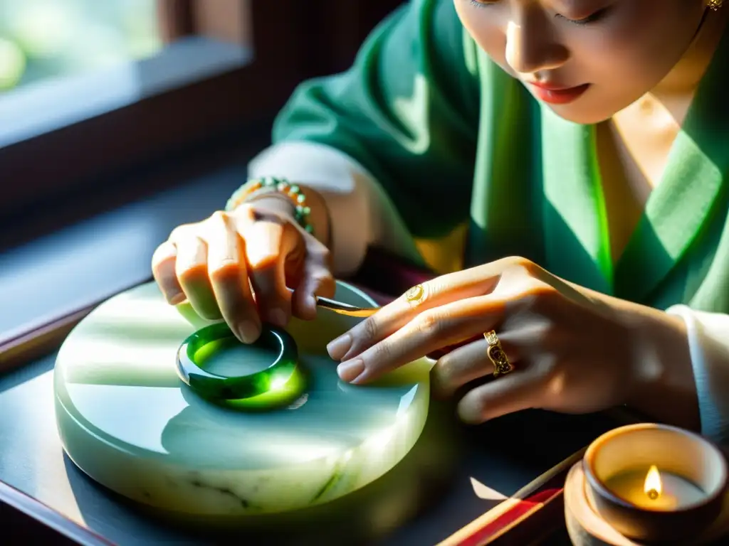 Un maestro joyero chino artesano crea con delicadeza un colgante de jade, mostrando alta joyería china artesanía