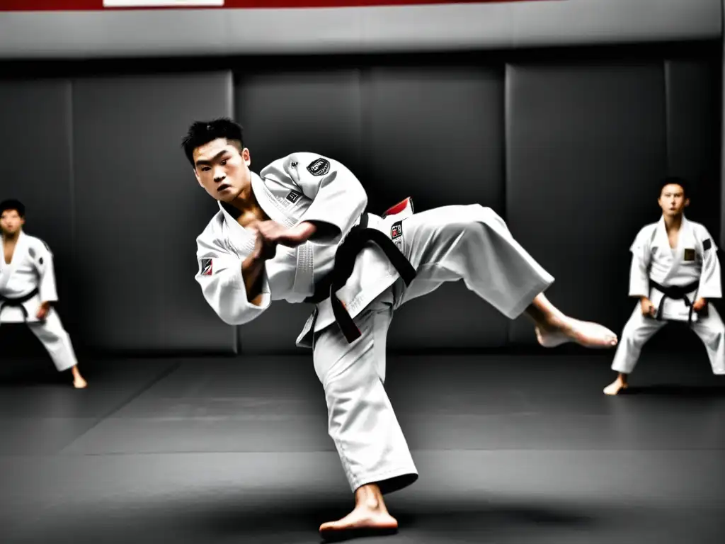 Maestro de judo ejecuta un lanzamiento perfecto con determinación y gracia en un dojo, mostrando estrategias filosóficas de artes marciales