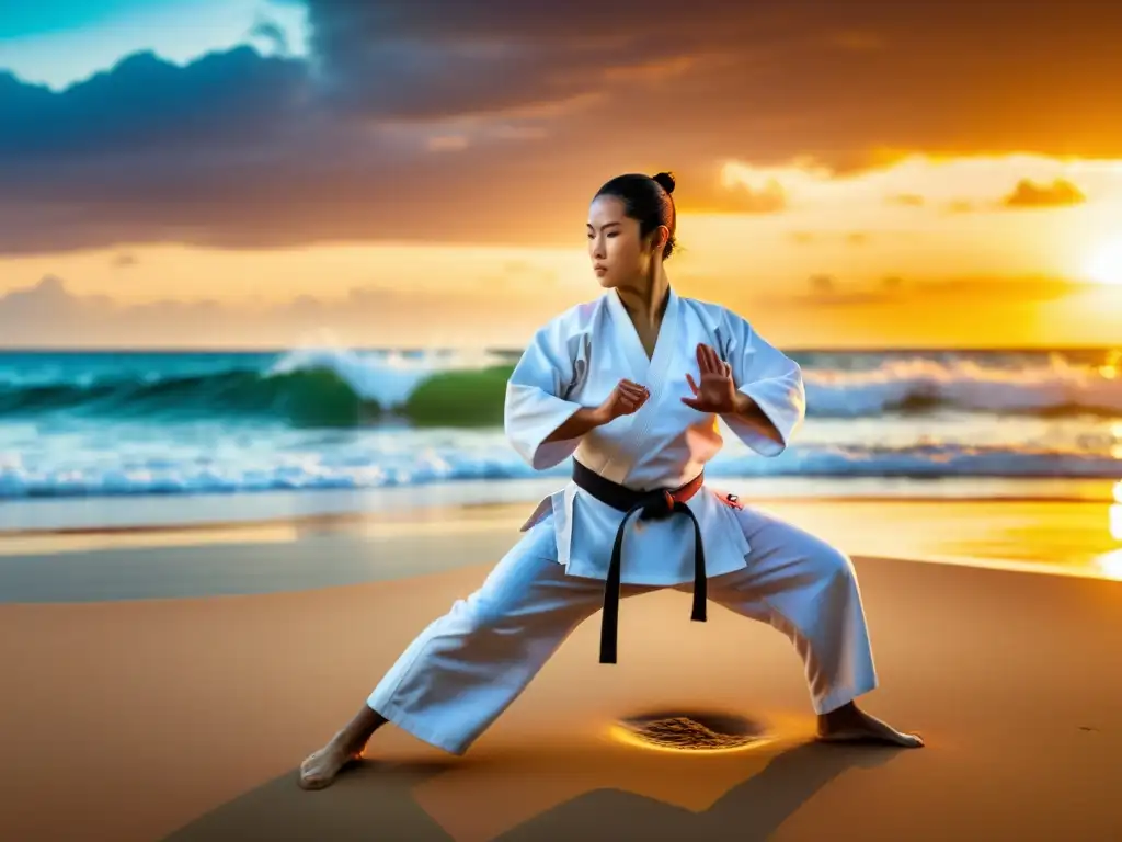 Un maestro de karate Okinawense practica kata en la playa al atardecer, mostrando la historia del karate en Okinawa con poder y gracia