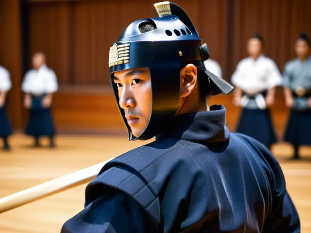 Un maestro de kendo, con armadura tradicional, concentrado en su oponente