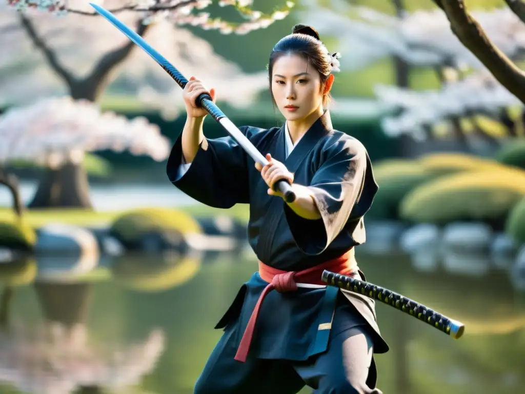 Un maestro de Kenjutsu con katana en un jardín japonés, reflejando la historia del kenjutsu samurai con disciplina y arte