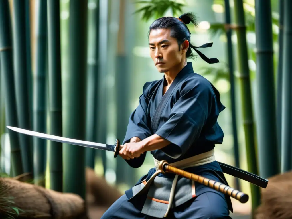 Un maestro de Kenjutsu en traje de samurái, empuñando una katana brillante en un bosque de bambú