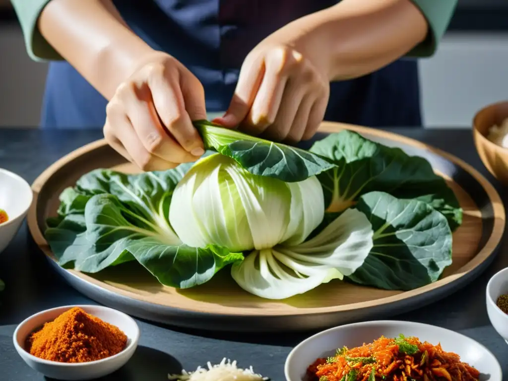 Un maestro del kimchi masajea con precisión los ingredientes, creando la mejor versión del kimchi con colores vibrantes y texturas intrincadas