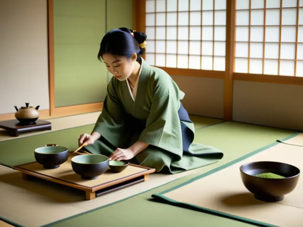 Un maestro de té en kimono realiza una ceremonia tradicional japonesa en una sala de tatami, mientras alumnos observan