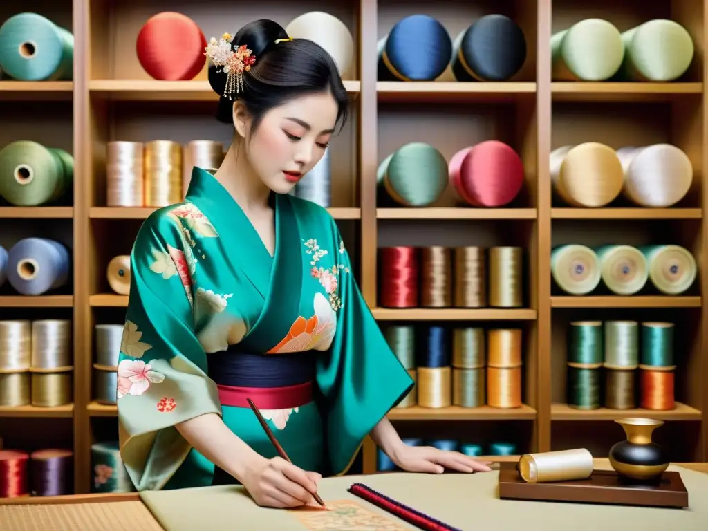 Un maestro kimono japonés pinta a mano diseños en seda rodeado de hilos de seda y pinceles