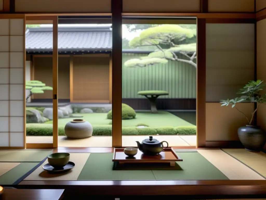 Un maestro del té con kimono realiza el Ritual del Té en el Siglo XXI en un salón japonés con vista a un jardín tradicional