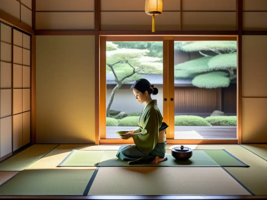 Un maestro del té en kimono realiza el Ritual del Té en el Siglo XXI en una serena sala japonesa con tatamis y pantallas shoji