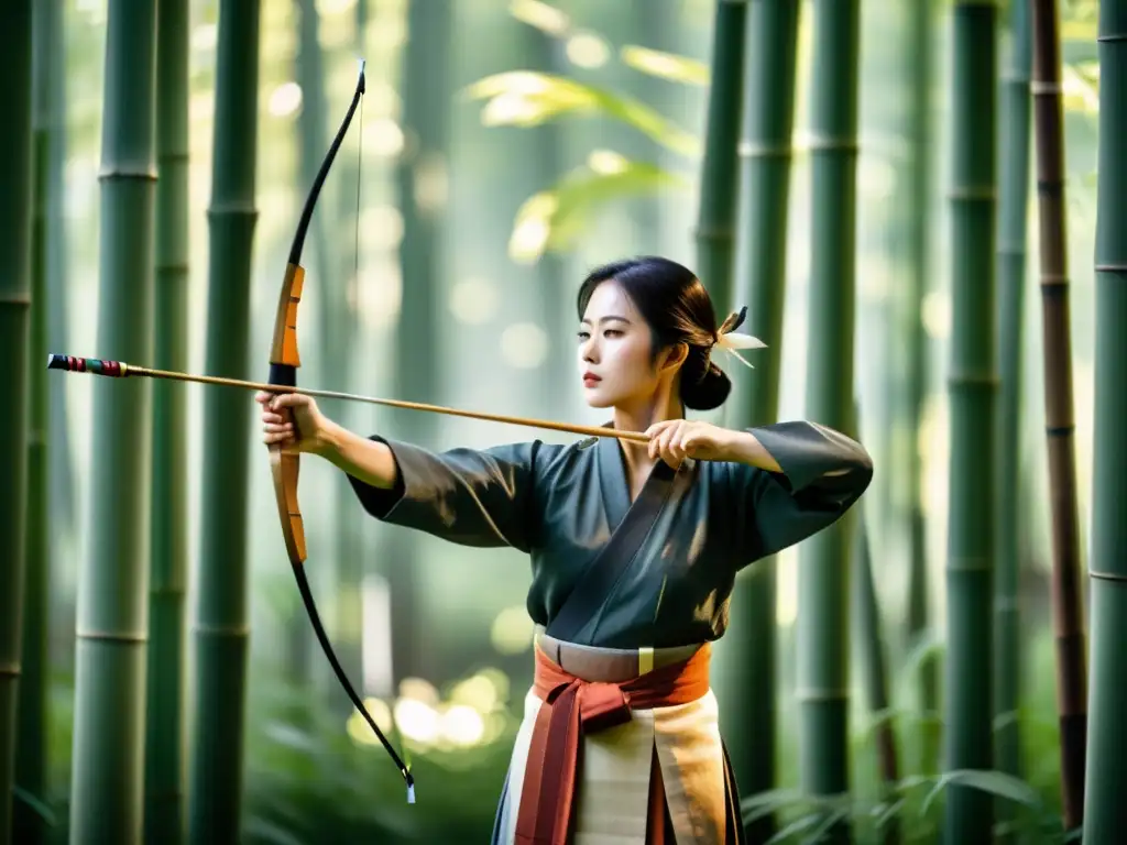 Un maestro de Kyudo en un bosque de bambú, concentrado y sereno, mostrando la perfección a través del Kyudo