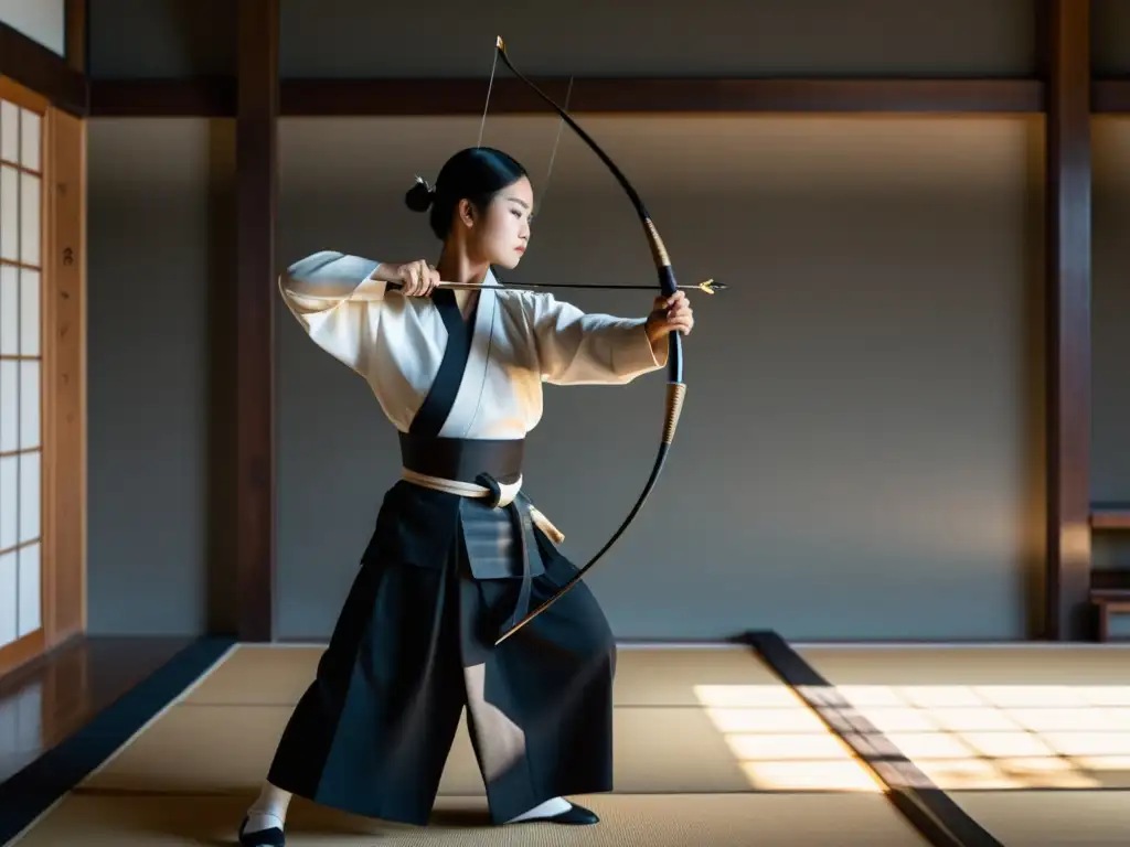 Maestro de Kyudo en perfecta concentración y elegancia, mostrando la perfección a través del Kyudo en un dojo tradicional japonés en blanco y negro