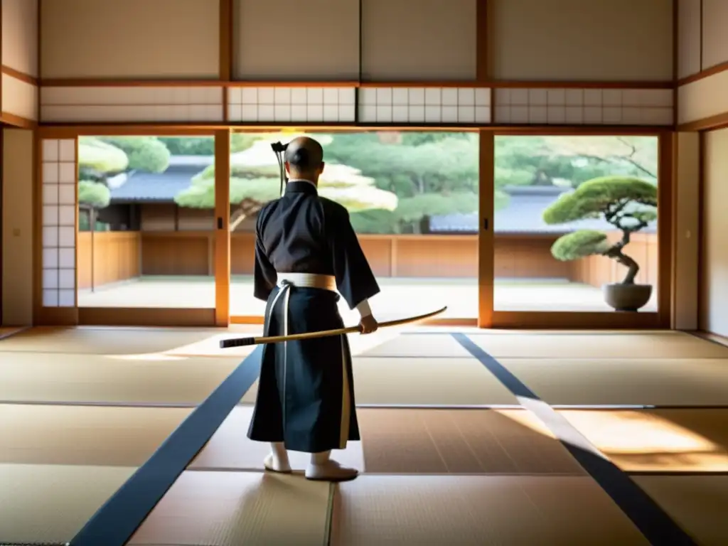 Un maestro de kyudo se prepara para disparar con precisión en un dojo sereno en Japón