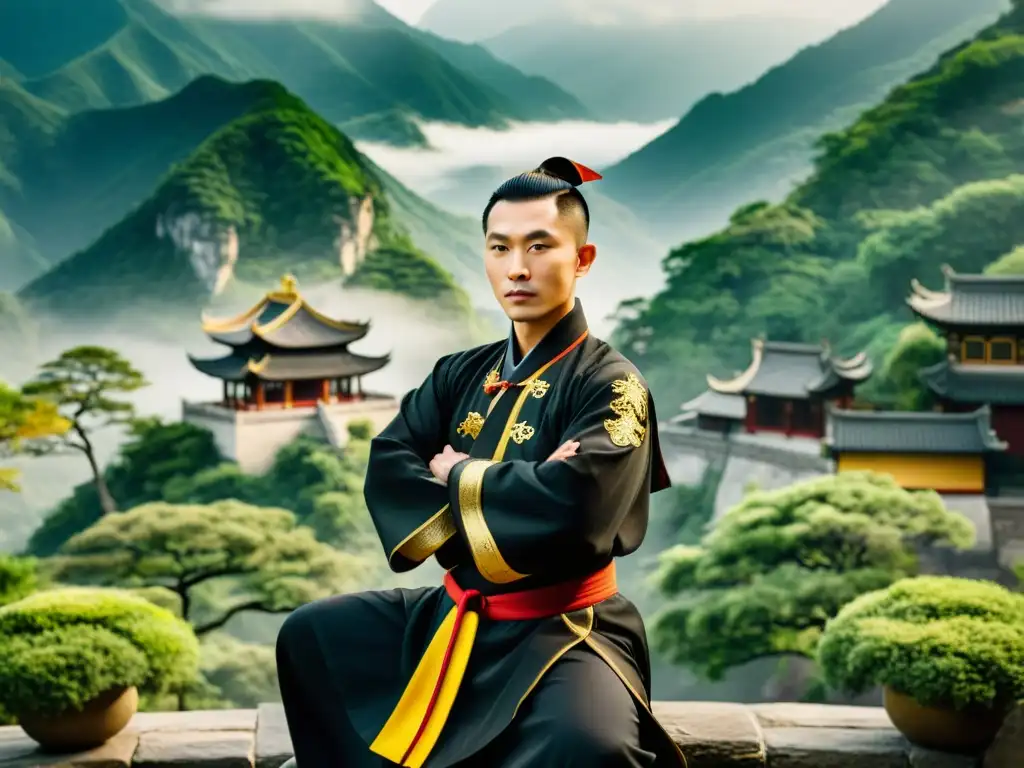 Maestro de Wushu en la majestuosa montaña, evocando la tradición y la maestría del arte marcial tradicional China