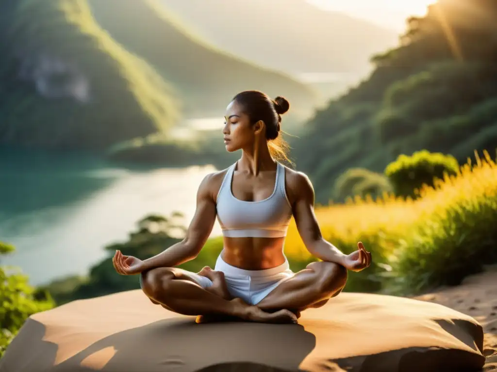 Un maestro marcial realiza una asana con integración de asanas en yoga marcial, rodeado de la serena belleza de la naturaleza montañosa