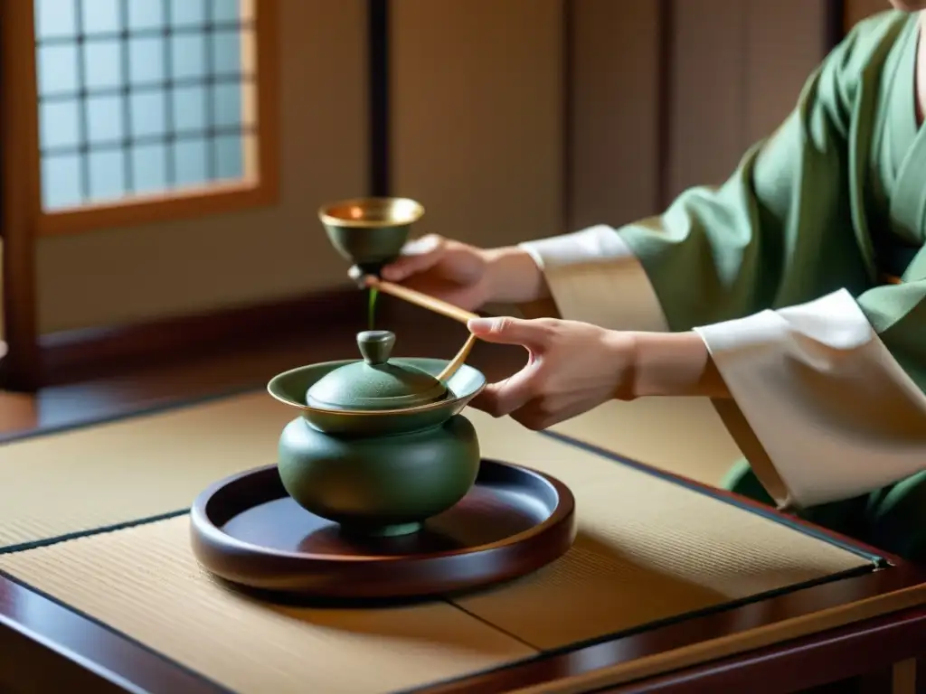 Un maestro del té matcha realiza la tradicional ceremonia del té, destacando la elegancia y la serenidad de la tradición japonesa