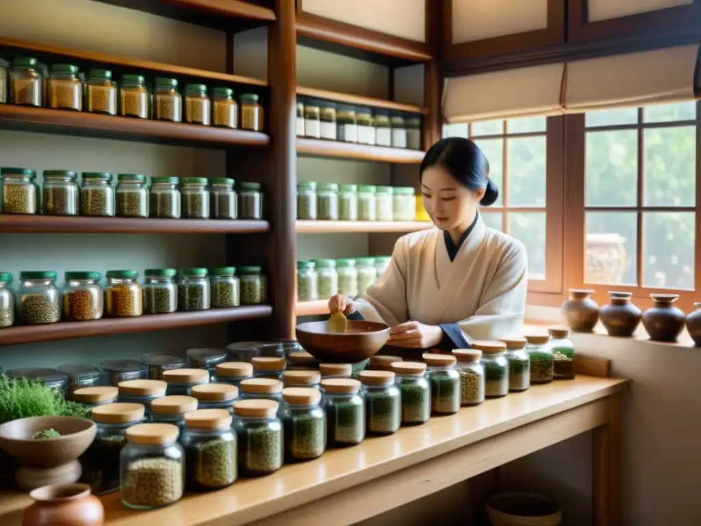 Un maestro de la medicina tradicional china selecciona hierbas con precisión, evocando sabiduría ancestral y conexión a la práctica