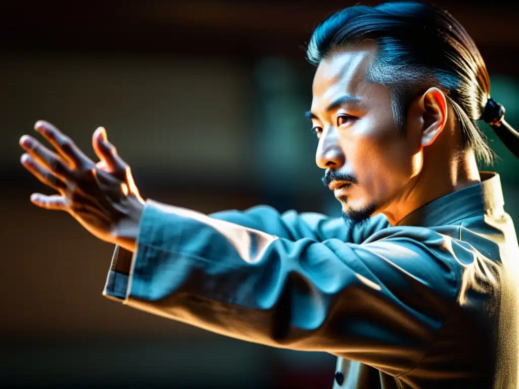 Un maestro de Taijiquan ejecuta un movimiento preciso y elegante, mostrando fluidez y concentración