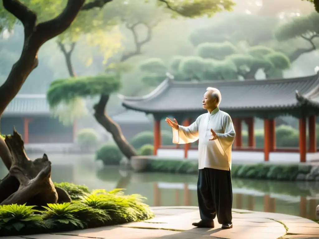 Un maestro de Tai Chi realiza movimientos gráciles en un jardín chino tradicional en una mañana serena y brumosa