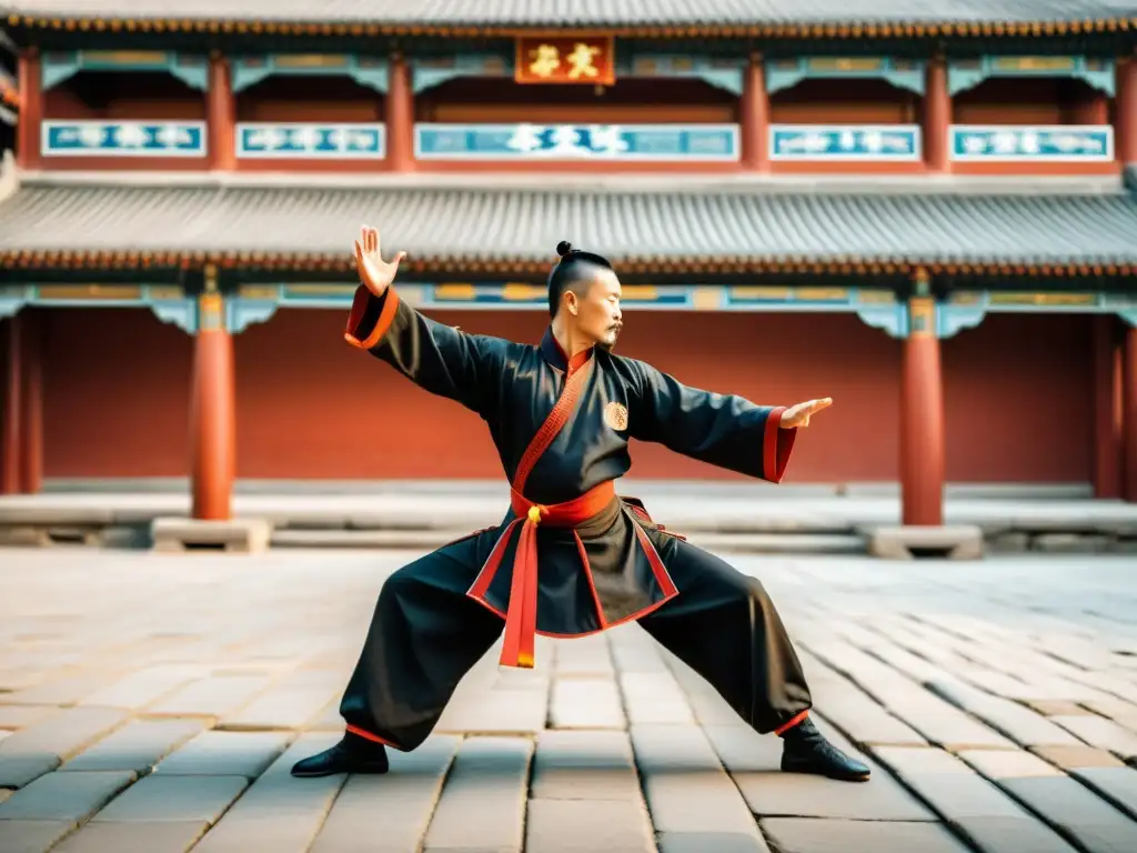 Un maestro de Kung Fu demuestra movimientos intrincados en un patio histórico, con espectadores asombrados