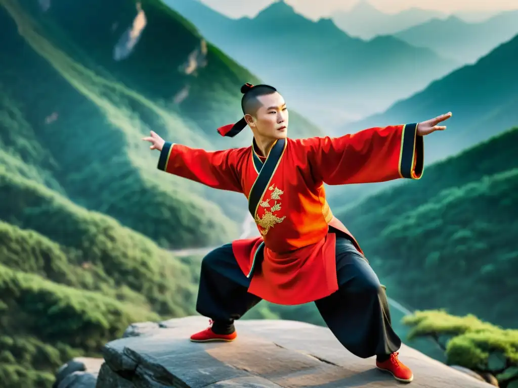 Un maestro de Wushu realiza movimientos poderosos y precisos en la serenidad de una montaña cubierta de niebla