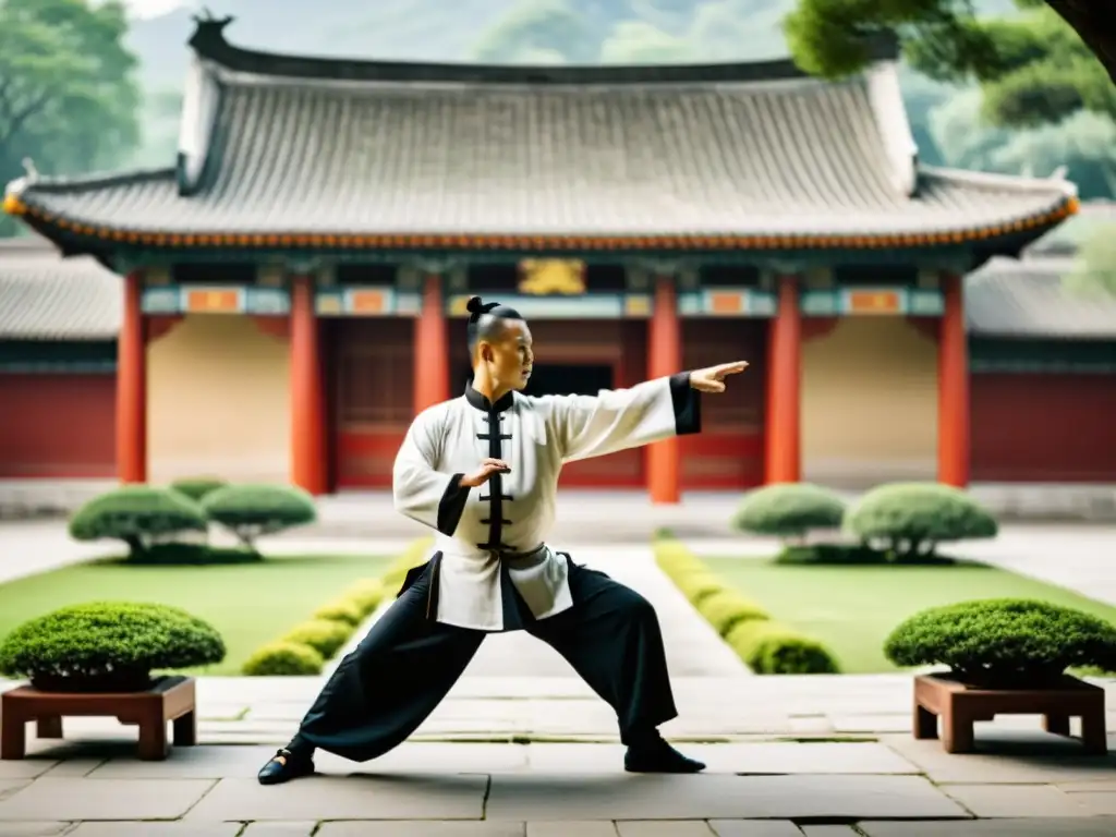 Un maestro de kung fu practica movimientos precisos en un patio sereno rodeado de vegetación exuberante y arquitectura antigua, capturando la historia evolutiva del kung fu en la República de China