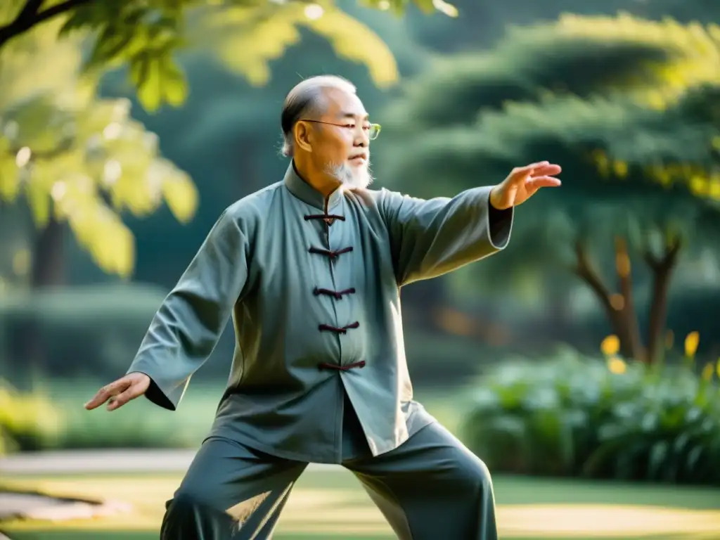 Maestro de Taijiquan ejecutando movimientos en jardín sereno al amanecer, conectando con la naturaleza y la espiritualidad