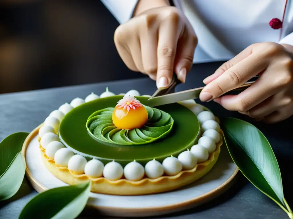 Un maestro pastelero experto en técnicas de cocina asiática internacional da forma con delicadeza a un postre tradicional