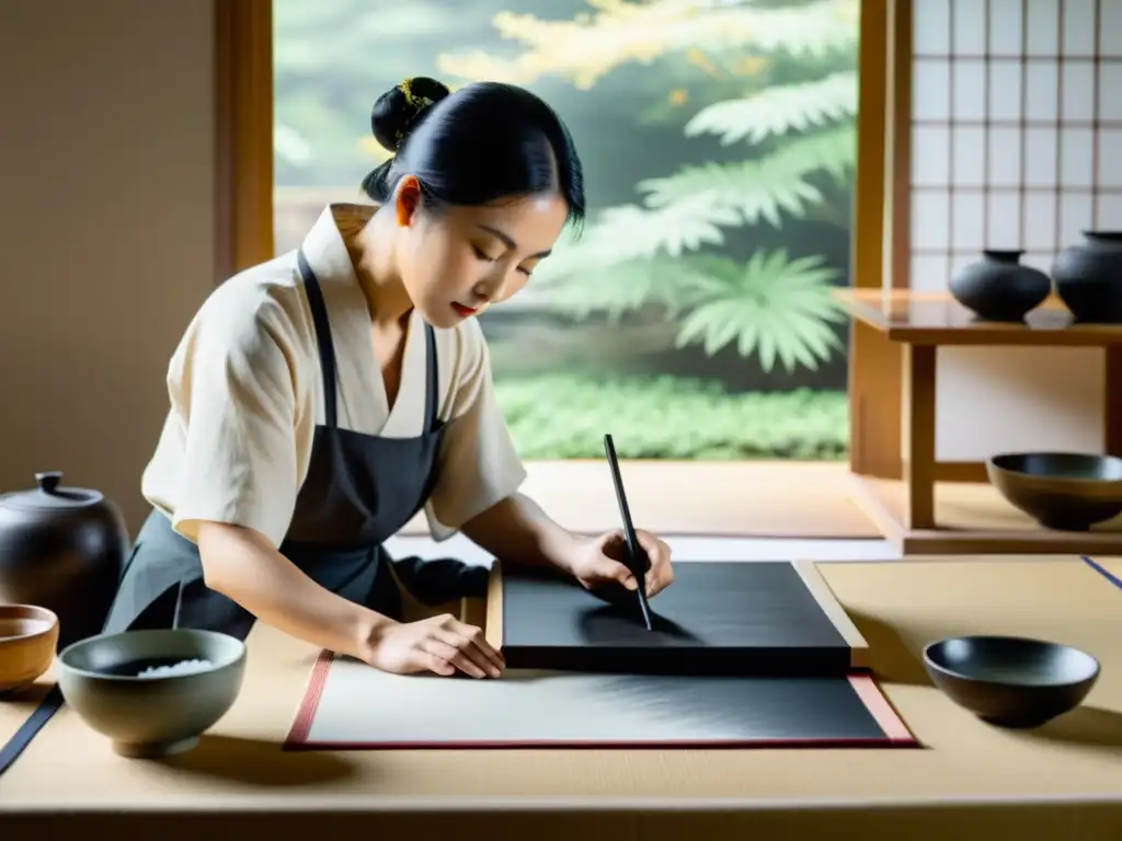 Un maestro de la pintura japonesa crea una escena minimalista con delicadas pinceladas, rodeado de herramientas tradicionales