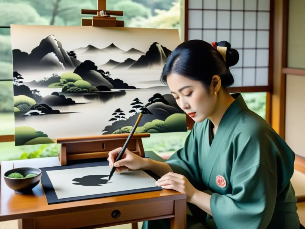 Un maestro de pintura japonesa sumi-e utiliza técnicas sumie para principiantes, creando un paisaje con pinceladas precisas y serenidad ancestral