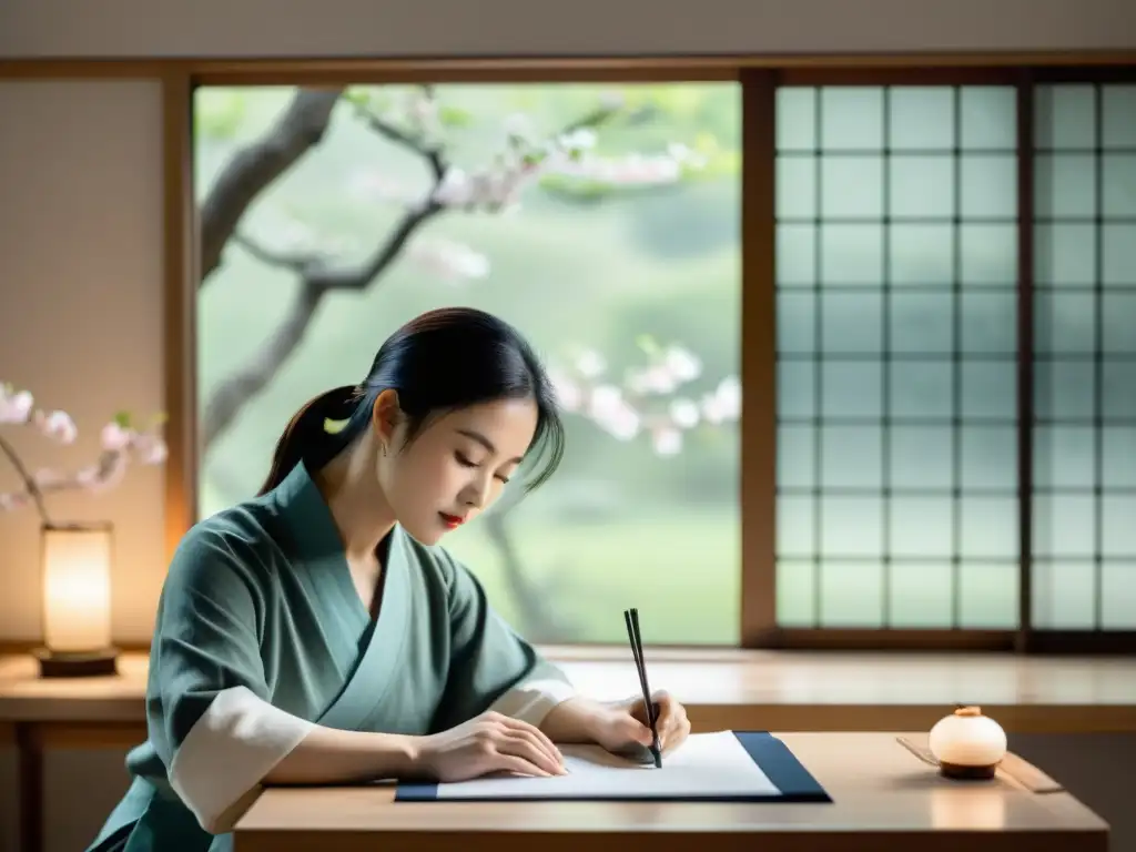 Un maestro de la pintura de tinta tradicional china crea delicadas pinceladas de un cerezo en flor en un estudio sereno y minimalista, evocando una atmósfera de creatividad y herencia cultural centenaria