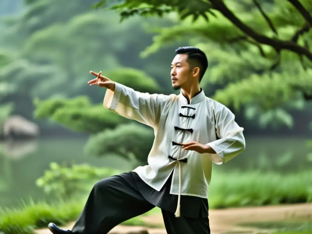 Un maestro de taijiquan en postura defensiva, concentrado en un entorno natural