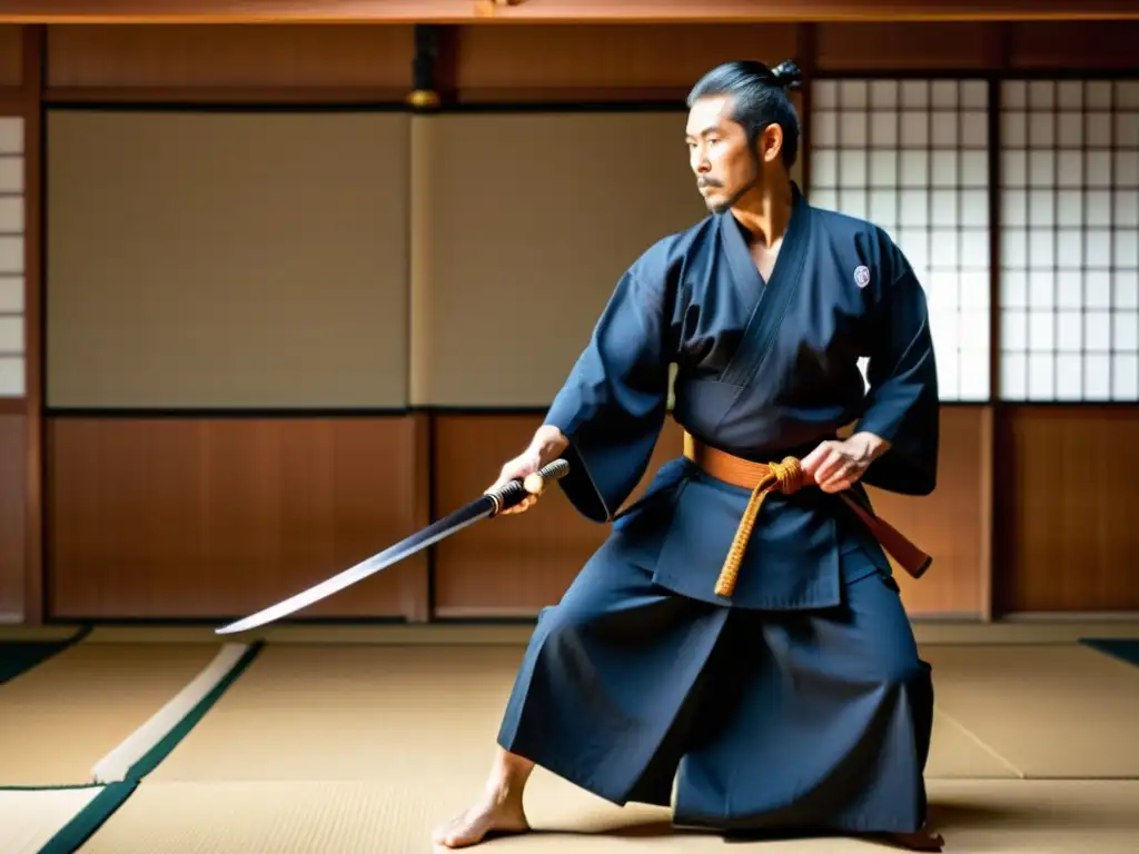 Un maestro practicante de Iaido ejecuta una técnica precisa y fluida con una espada en un dojo japonés