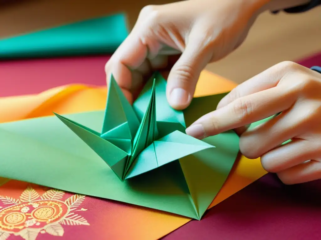 Un maestro del origami plegando con precisión una grulla de papel