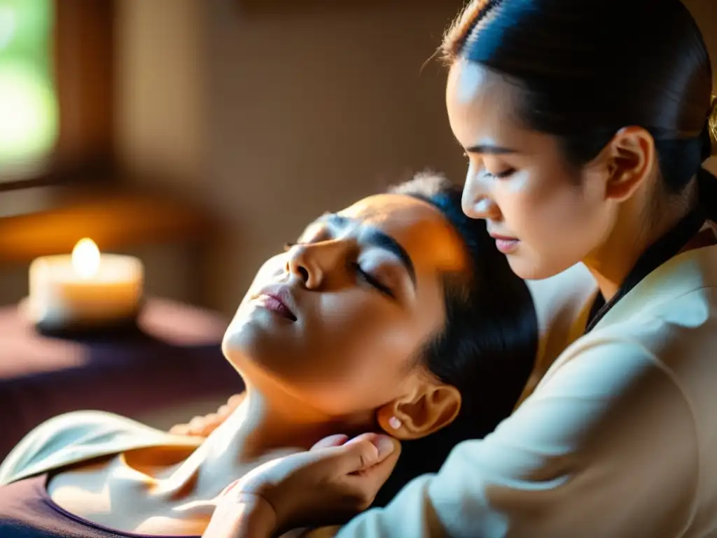 Un maestro de Reiki guía a sus estudiantes en una sesión de sanación, con una cálida iluminación natural y una atmósfera serena