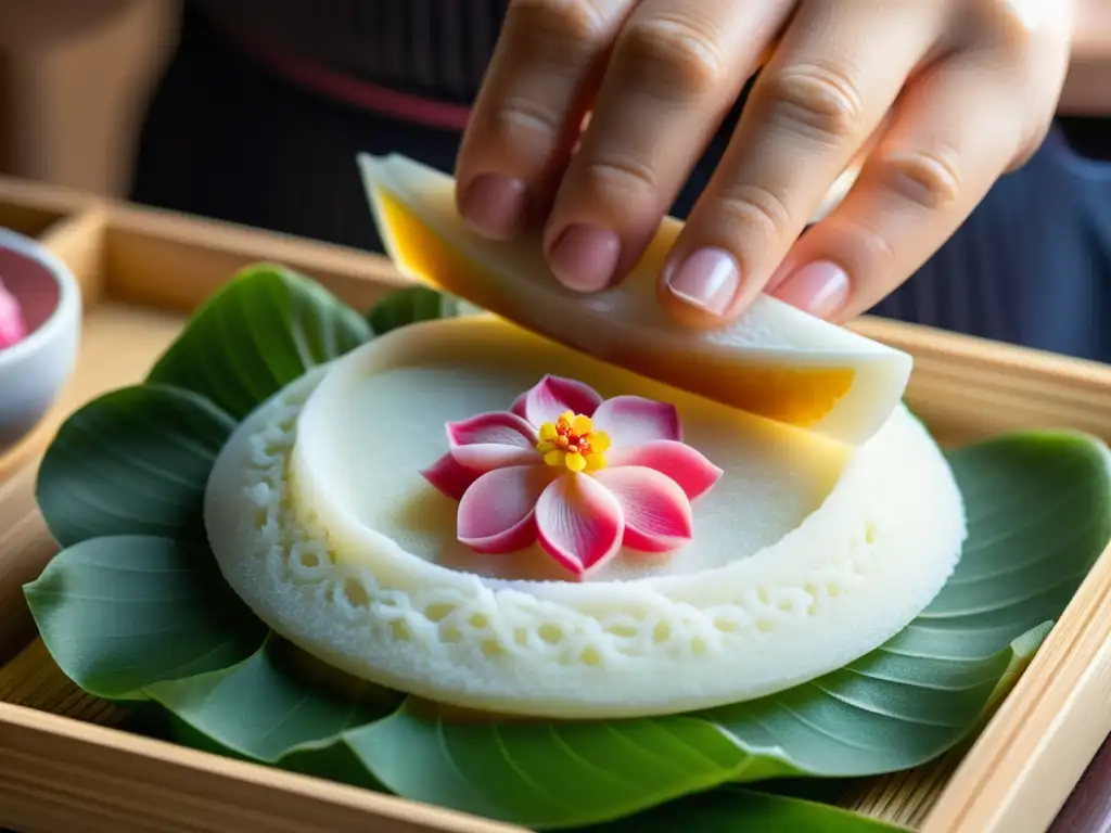 Maestro de la repostería japonesa elaborando con arte comestible una sofisticada y delicada creación con forma de flor de cerezo