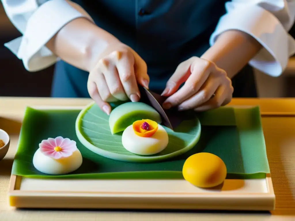 Un maestro repostero japonés crea con destreza una sofisticada obra de arte comestible, un wagashi, en una cocina tradicional japonesa