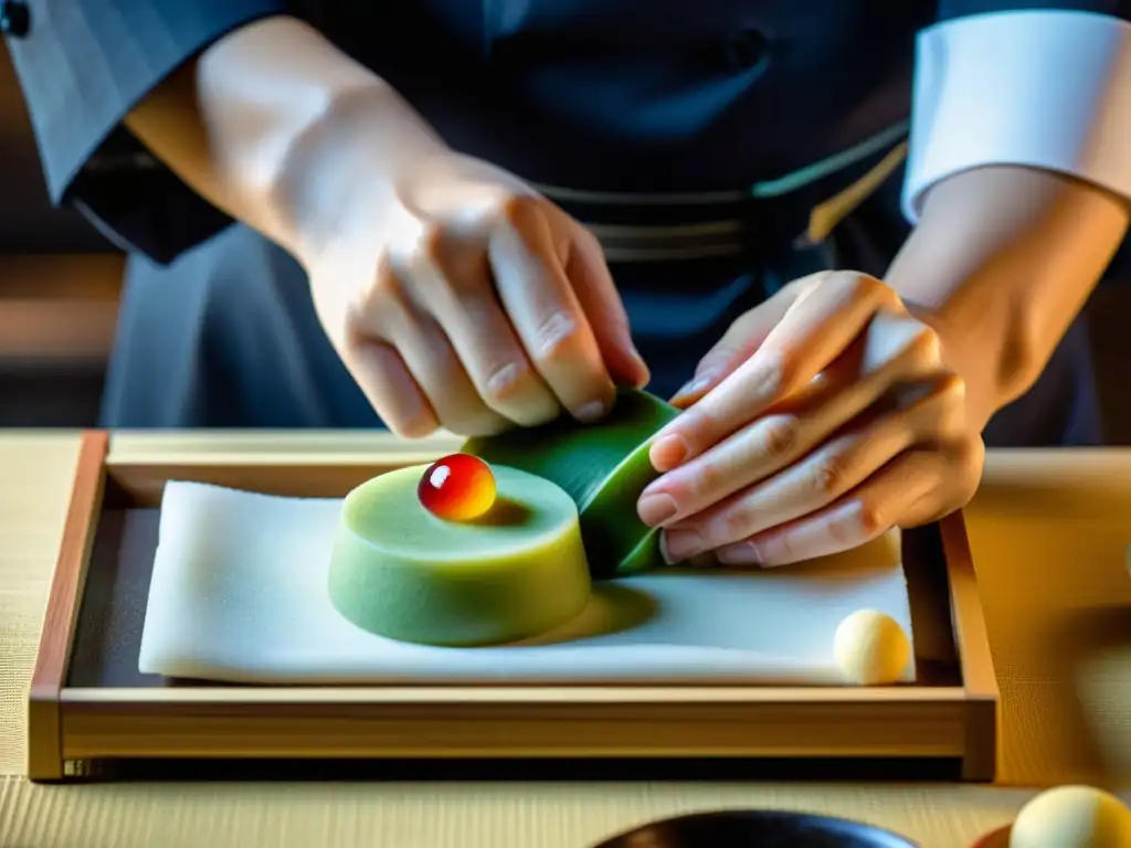 Un maestro repostero japonés elabora con destreza un dulce wagashi, arte comestible sofisticado de la repostería japonesa